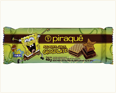 mini wafer bob esponja chocolate.jpg - Açúcar, farinha de trigo rica com ferro e ácido fólico, gordura vegetal interesterificada, maltodextrina, amido de milho, leite em pó e sal. Estabilizante: lecitina de soja, fermento químico: bicarbonato de sódio, corante natural carmin de cochonilla, acidulante: ácido cítrico e aroma natural de morango. CONTÉM GLÚTEN.Porção por 100 g (10 unidades)..